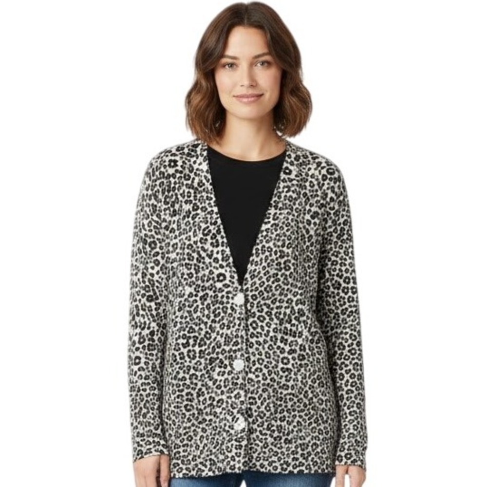 LOFT Cardigan Sweater M Black Ivory Mauve Leopard Sweater Top Chic Modern Cozy‎